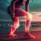 Sportswoman, knee pain or red glow by beach fitness, ocean workout or sea training in healthcare wellness crisis AI generated
