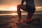Sportswoman, knee pain or red glow by beach fitness, ocean workout or sea training in healthcare wellness crisis AI generated