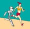 Sportswoman running with robot on green background