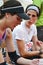 Sportswomen talking at the finish of the `Lecco city - Resegone mountain` running marathon event.