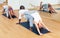 Sporty adult concentrated females and males doing stretching workout in pairs during group training