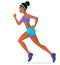 Sporty black athlete woman running marathon with headphones. Cartoon vector illustration isolated on white background.