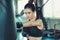 Sporty Boxer is Exercise Punching in Fitness Gym.,Portrait of Boxing Woman is Practicing Footwork in Sportswear and Boxing Gloves