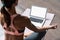 Sporty calm woman sit on mat watch online yoga class on laptop mock up screen