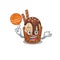 A sporty coffee ice cream cartoon mascot design playing basketball