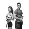 Sporty couple with dumbbells.