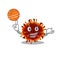 A sporty delta coronavirus cartoon mascot design playing basketball