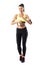 Sporty fit woman in yellow tank top and legging opening water bottle and smiling at camera.