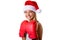 Sporty happy young girl wearing christmas santa hat with fighting gloves, isolated