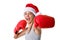 Sporty happy young girl wearing christmas santa hat with fighting gloves isolated