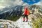 Sporty hiker woman in Carpathians, Piatra Craiului mountains, Transylvania, Romania