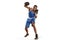 Sporty man during boxing exercise making hit. Photo of boxer on white background