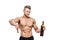 Sporty man holding a wine and milk and faces a choice, healthy lifestyle or alcohol. Health, sports, choice, healthy