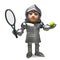 Sporty medieval knight in armour plays tennis, 3d illustration