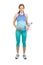 Sporty pregnant woman in the sports clothes with tape measure and a bottle of water in the hands, isolated