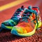 Sporty, rainbow-hued running shoes showcasing advanced cushioning and support for active lifestyles, set against a track