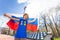 Sporty teenage boy waving Russian flag at stadium