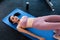 Sporty woman doing exercises doing Bridge position on blue mat. Healthy beautiful women doing glute Bridge exercise  pelvic lift a