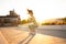 Sporty woman doing jumping squats exercises on stairs in park. Bodyweight training on sunset