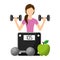 Sporty woman lifting a heavy weight barbell with fruit and weight scale