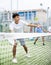 Sporty young guy playing padel on open court
