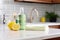 spotless kitchen countertop with cleaning supplies