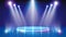 Spotlight backdrop. Illuminated blue stage podium. Background for displaying products. Bright beams of spotlights. Spot of light