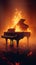 Spotlight illuminates a majestic piano engulfed in mesmerizing flames