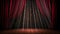 Spotlight with Sparkles on an Empty Stage with Open Red Curtains, Generative AI