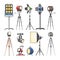 Spotlight vector light show studio with spot lamps on theater stage illustration set of projector lights photographing