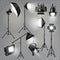 Spotlight vector light show studio with spot lamps on theater stage illustration set of projector lights photographing