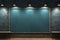 Spotlights illuminate a brick showroom with a chalkboard and blue wall