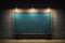Spotlights illuminate a brick showroom with a chalkboard and blue wall