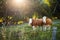 Spotted cows looking on green meadow in summer sunlight.