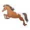 A spotted horse jumps over an obstacle. Pinto. Isolated vectal illustration. Cute character. Equestrian jumping training.