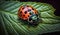 A spotted ladybug crawls on a green leaf generated by AI