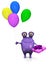 A spotted monster holding birthday gift and balloons.