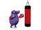 A spotted monster punching a heavy bag.