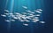 Sprat, brisling fishes blue background, marine life in schools. Banner fish flock, simple water inhabitants. Seafood packaging and