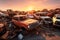 A sprawling car graveyard symbolizing the environmental impact of automotive waste. The need for effective recycling programs and