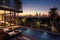 A sprawling penthouse terrace with a pool, surrounded by lush tropical gardens and offering breathtaking views of Los Angeles,