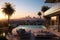 A sprawling penthouse terrace with a pool, surrounded by lush tropical gardens and offering breathtaking views of Los Angeles,