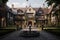 a sprawling tudor mansion with multiple chimneys and a grand entrance