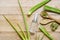 Spray bottle with aloe vera leaves on the table