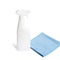 Spray bottle with cleaning napkin isolated on white background. Eco cleaning concept, surface wiping with absorbent