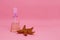 A spray bottle filled with liquid and a starfish on a pink background