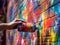 Spray can hand paints vibrant brick mural
