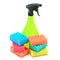 A spray of cleaning agents and household foam sponges isolated o