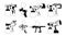 Spray Guns Black And White Icons. Handheld Tools That Use Compressed Air To Spray Paint, Coatings, Or Liquids