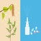 Spray for nose and pills, branch with blooming catkins and grass. Seasonal allergies, pollen, treatment. Vector illustration